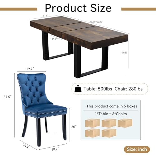 Image of Rustic Brown Dining Room Table Set for 6, 7-Piece 63 inch-78.74 inch Extendable Dining Table Set with 6 Upholstered Chairs, Rectangle Wooden Expanding Kitchen Table and Blue Chairs Set