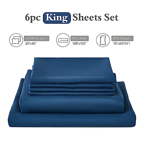 Image of ILAVANDE Navy Blue King Sheets Set 6 Piece,Hotel Luxury Super Soft 1800 Series Microfiber Bed Sheets King Set-Wrinkle Free & Breathable-14 Deep Pocket Sheets for King Size Bed(King,Navy Blue)