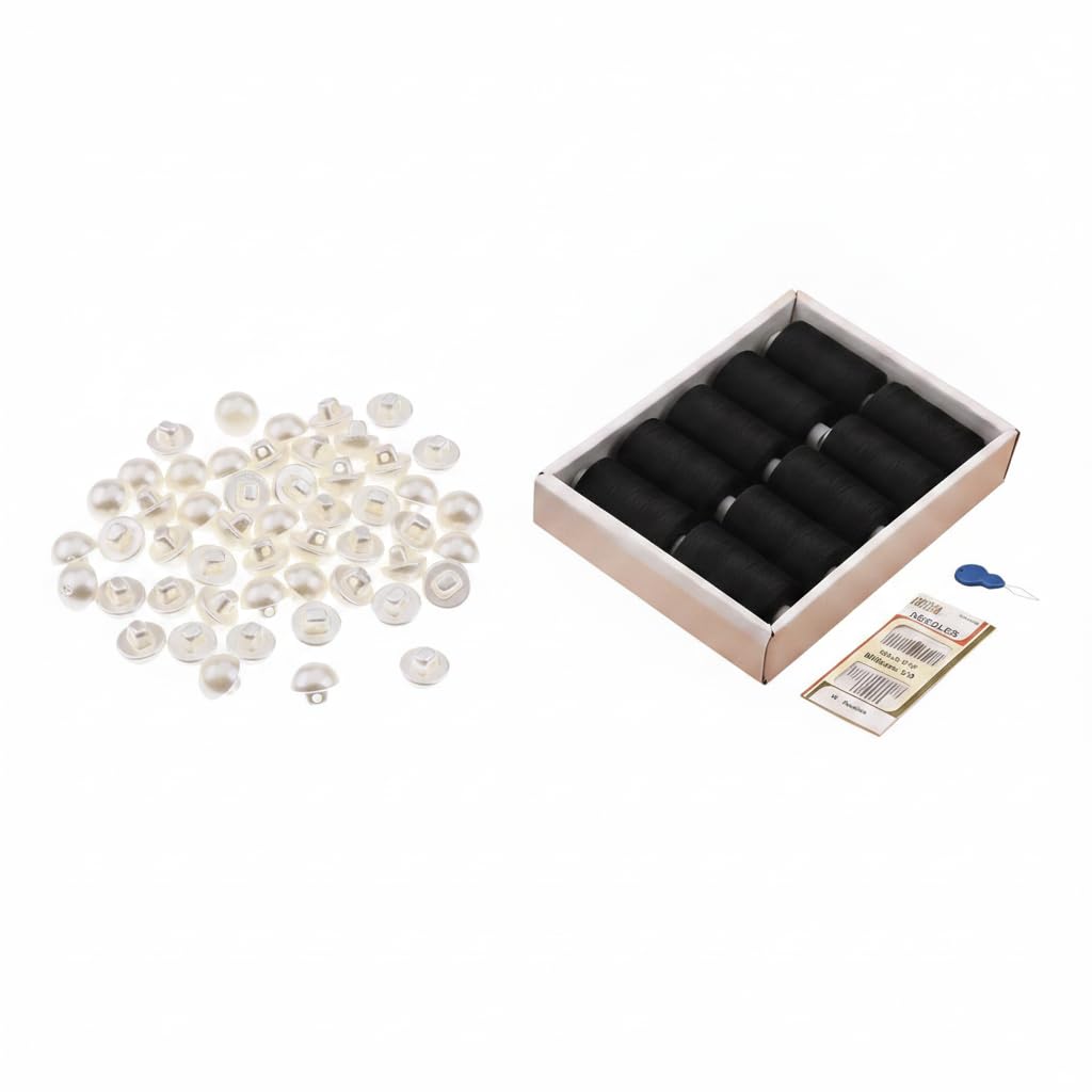 predolo 50 Piezas de Botones de Perlas Semicirculares, Kit de Hilo para Mano, Colección, Carretes de Poliéster de Alta Resistencia