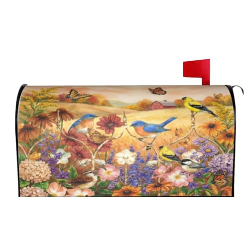 Image of Spring Rural Flowers Butterflies and Birds Mailbox Cover Magnetic Summer Floral and Bird Waterproof Mailbox Wraps Post Letter Box Decor 21x18 in
