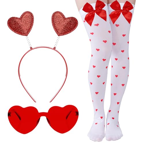 SUMERSHA 3pcs Valentine Glitter Red Headband Heart Shape Sunglasses and Thigh High Stockings with Bowknots for Women Wedding Birthday Halloween Holiday Accessory Party Gift