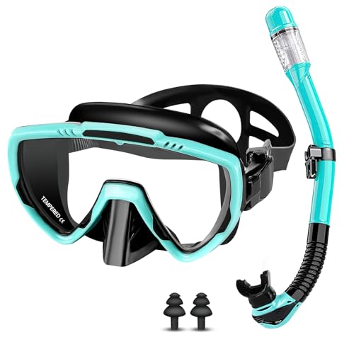 Vasmeiy Gafas y Tubo de Snorkel Set para Adulto, Gafas de Buceo panorámicas de 180°, máscara de Snorkel antivaho y antifugas, con Lente de Vidrio Templado, para Buceo, Snorkel, natación (Negro/Verde)