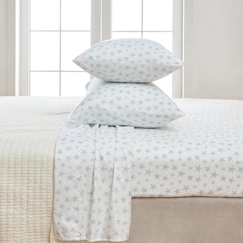 Image of Great Bay Home King Coastal Microfiber Sheet Set - 4-Piece Nautical-Printed, Ultra-Soft Sheets - Beach-Themed Bedding Sheets & Pillowcases (Starfish - Blue)