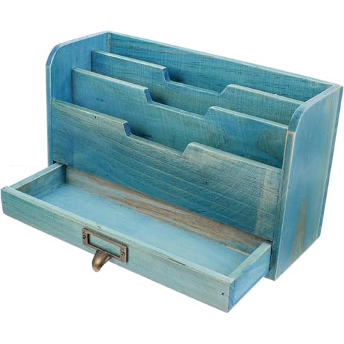 Vlfn 木製 収納ホルダー 文書レターラック 書類 レターケース 壁掛け 収納ケース ファイルボックス 卓上収納ラック ファイルラック 資料 本 新聞 雑誌 漫画 収納ケース (ブルー)