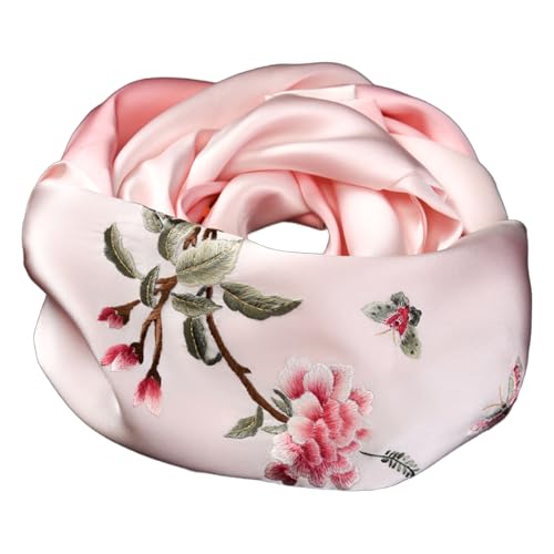 Écharpe en soie de mûrier brodée main luxe rose grand format 1021