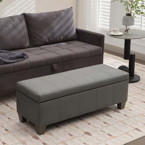 Image of 41 inch Storage Ottoman, Storage Bench with Safety Hinge, Upholstered Synthetic Leather Ottoman Bench for Bedroom, Living Room, Entryway, Hallway, Foot Rest, Support 500lbs, Grey