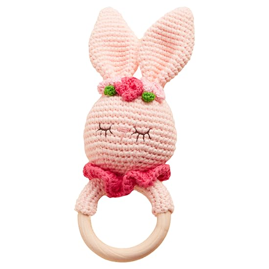 Image of Chippi & Co Crochet Wooden Baby Rattle, Crochet Baby Toys Stuffed Animals Easter Gifts for Kids, Wooden Newborn Toys, Easter Basket Stuffers, Basket Filler for Girls, Boys, Bunny Decor (Clover Bunny)