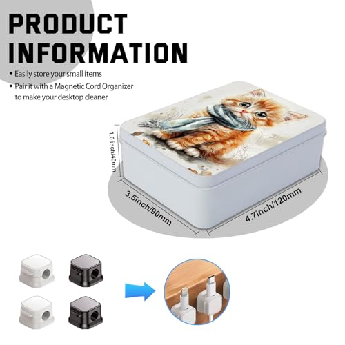 Image of Metal Tin Box with Lid,Multi-functional Storage Box Can Store Tea Biscuits Game Cards, Playing & Tarot Cards-Comes with 4 Magnetic Cord Clips,Kitten with Blue Scarf