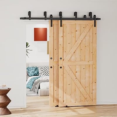 SKYSEN 36in x 84in Double Sliding Barn Doors with 6.6FT Double Track Bypass Barn Door Hardware Kit, Unfinished Spruce Wood, Save Spacing, Easy to Install, Maximum Fit 68in Openning.(36-84-6.6FT-SGJ)