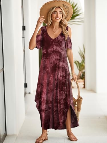 Image of BELAROI Womens Cold Shoulder Maxi Dress Plus Size V Neck Summer Sundresses with Pockets Beach Coverup Vacation Outfits