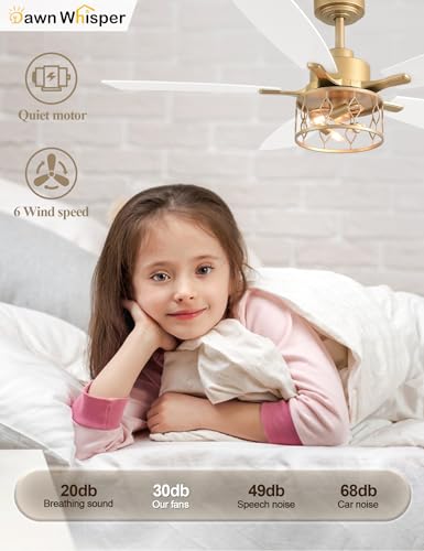 Image of Dawn Whisper 52 Inch Modern Farmhouse Ceiling Fans with Lights White and Gold Rustic Caged Ceiling Fan for Bedroom Living Room Quiet and Reversible DC Motor