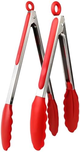 HiramWare Pinze Da Cucina Acciaio Inox Set 2 Pezzi 22 E 30 Cm Con Punte Silicone Rosse