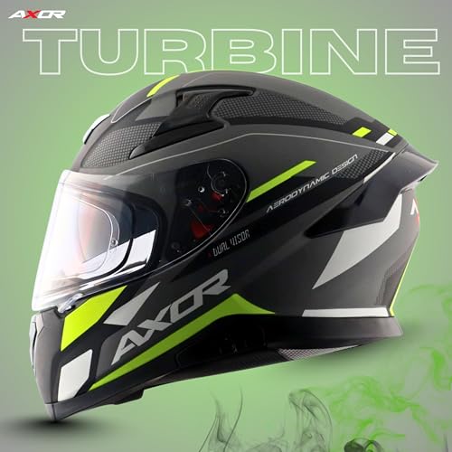 Image of Axor Apex Turbine ISI ECE DOT Certified Full Face Dual Visor Helmet for Men and Women with Pinlock Fitted Outer Clear Visor and Inner Smoke Sun Visor Black Neon Grey Helmet-L
