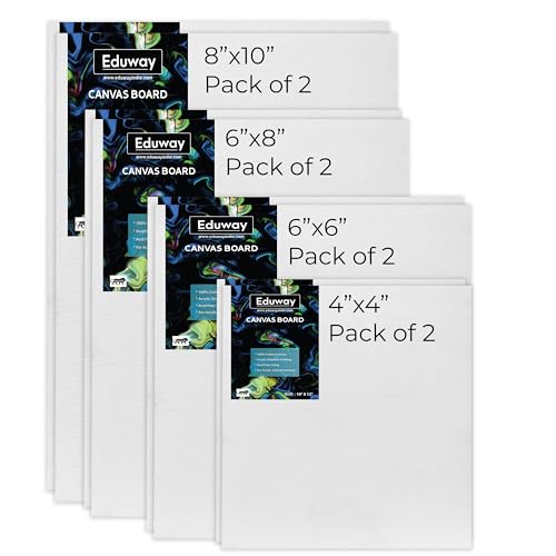 Image of Eduway Canvas Board for Painting- (4x4 | 6x6 | 6x8 | 8x10) 2 pcs each | Premium Quality 7Oz Pre-Primed Cotton Canvas Board for Artists & Beginners | Ideal for Acrylic, Oil, Gouache Colors (Pack of 8)