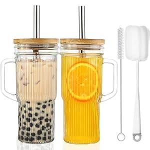 ALINK Bicchieri in vetro a coste da 24 oz con coperchio e cannuccia, 2 bicchieri in vetro con manico, riutilizzabili Mason Jar Boba Smoothie Bicchieri