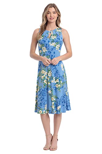 London Times Women's Sleeveless Fit And Flare Dress With Pleat Tucks And Keyhole Detail At Neck, Della Robbia Blue/Yellow #TOP2