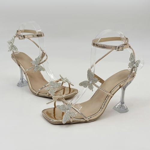 Women's Ankle Strap Sandals Rhinestone Crystal Butterfly Heels Open Square Toe Chunky Block High Heels Shoes2