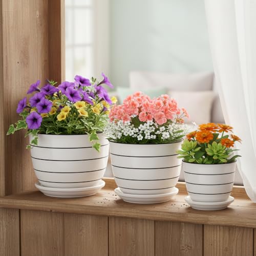 Image of Xtore Elegant Striped Ceramic Planter Set of 3 with Drainage Trays | Minimalist Indoor Plant Pots for Home, Office, Balcony & Tabletop Styling (Pack of 3 - Planter only)