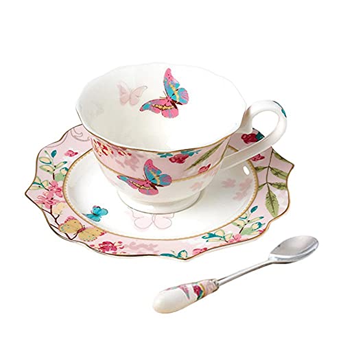 Ensemble tasse à café et soucoupe en porcelaine anglaise avec cuillère, tasse à thé en porcelaine motif papillon (A)