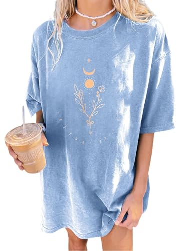Image of Remidoo Women's Casual Oversized T Shirt Short Sleeve Graphic Tee Letter Sun Moon Shirts Blue Small