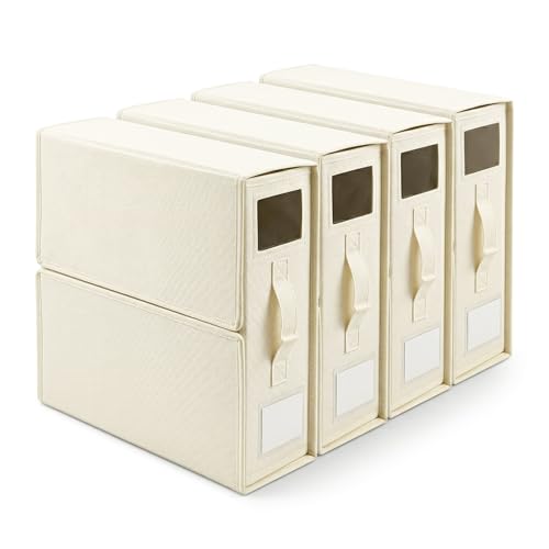 Image of CLAPONE Bedsheet Organizer Storage Box, Foldable Clothes Storage Container, Non-Woven Closet Organizer for Bedding, Blankets, Comforters & Underbed Storage (Off-White, Pack Of 4 Bedsheet Cover)