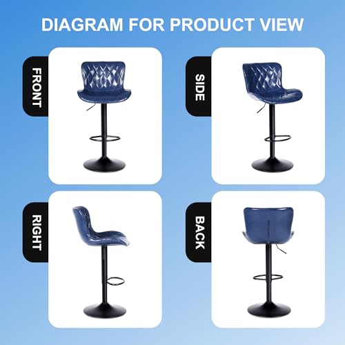 Image of Youhauchair Adjustable Faux Leather Bar Stools Set of 3, Blue1 | Swivel, Counter Height, Back & Footrest, Armless, PU, Modern, Kitchen Island Stool, Upholstered Dining Room Chair