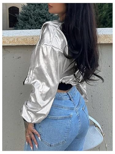 WDIRARA Women's Metallic Zip Up Crop Jacket Long Sleeve Outerwear2