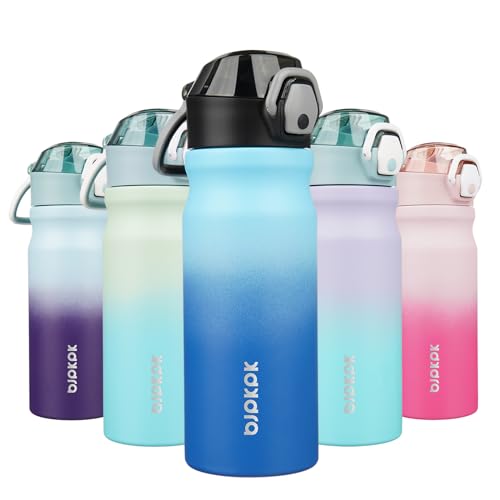 Image of BJPKPK 18 oz Water Bottle with Straw & Handle, Insulated Stainless Flask | Leak Proof Locking Lid, Thermal, Double Wall Vacuum, Keeps Hot /Cold, BPA Free, Dishwasher Safe, Travel & Sports, Sky
