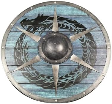 Bouclier dragon | Bouclier viking authentique en bois porté par la mythologie nordique Valhalla | Bouclier guerrier médiéval bleu/noir