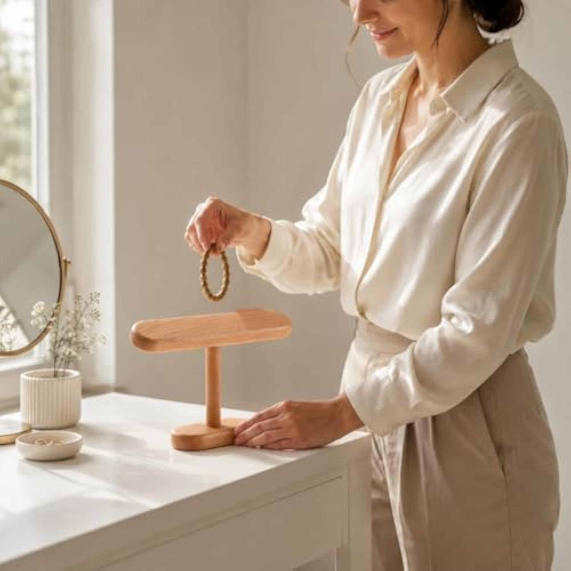 Tall T-Shaped Jewelry Stand, Natural Beech Wood