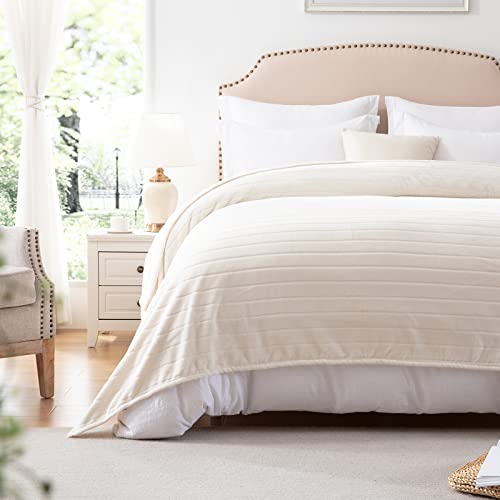Bertte 330 Gsm Lightweight Fluffy Cozy Luxury Decorative Stripe Bed Couch Plush Throw Super Soft Fuzzy Warm Blanket, Queen(90"X 90"), Ivory White #TOP6