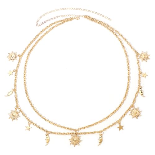 TRKETK Cinturón de Cadena de Metal de Doble Capa, Cadena de Cintura Ajustable Decorada Cinturón de Eslabones de Moda Diseño de Estrella de Luna para Pantalones, Vestidos, Abrigo, Jeans, Suéter