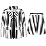 Haysandy Black and White Stripe Suit Men Costume Blazer Jacket Short Pants with Tie Horror Halloween Cosplay Costume(L)