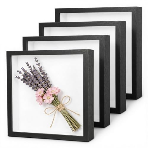 Meyeyaia 4 Pack Shadow Box Frames 8 x 8 Inches Square Artificial Board Shadow Boxes Display Case Black 3D Picture Frames for Photos Dried Flowers Wall Mounted Handicraft Photo Frame