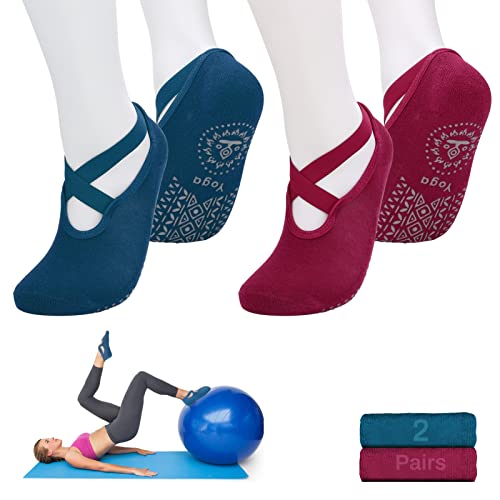 Luckit Yoga Socks With Grips For Women Non Slip Grip Socks Pilates Socks Fitness Socks Anti-Skid Socks For Yoga, Size 5~10 (Wine Red+Peacock Blue) #TOP2