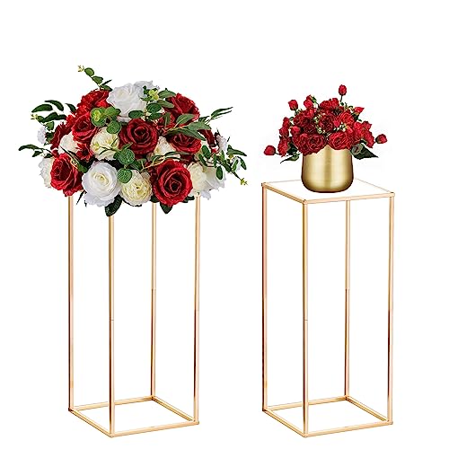 Nuptio Wedding Centerpieces Gold Vases: 2 Pcs 23⅝ inch Tall Flower Stand Metal Floor Vase Column Geometric Centerpiece Stands Rectangular Display Rack for Weddings Party Decoration