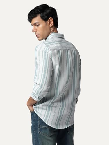 Image of Urbano Fashion Men's Cotton Full Sleeve Relaxed Fit Linen Striped Shirt with Spread Collar