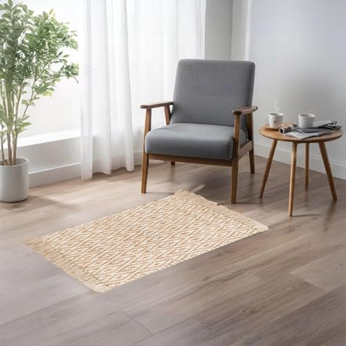 Home Universal® Alfombra Jarapa de Algodón Lavable | Diseño Geométrico Artesanal | Decoración Boho Mediterránea para Salón, Dormitorio, Pasillo y Cocina (Rombos Relieve, 50X80CM)