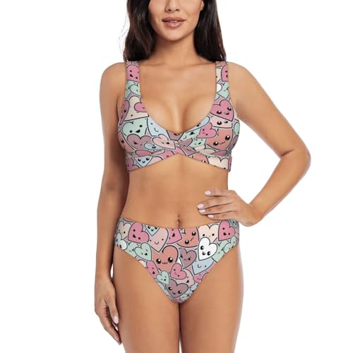 Trajes de baño para mujer 2024 Bikini - Corazones de dibujos animados suaves y elásticos conjuntos de bikini de cintura alta para mujer, Negro, L