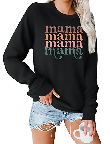 Blooming Jelly Women s Mama Sweatshirt Crewneck Long Sleeve Tops Casual Letter Print Cute Shirts Graphic Pullover (3X-Large, Black)