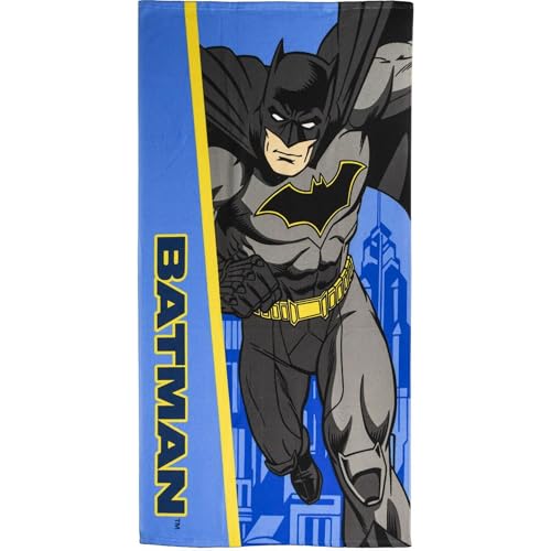 Toalla Infantil de Batman - Color Azul y Amarillo - 70x140cm - Elaborada con 100% Poliéster de 250 gsm - Toalla Pequeña - Estampado de Batman - Producto Original Diseñado en España