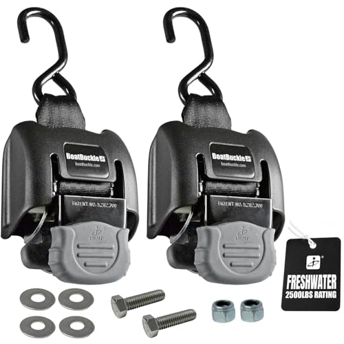 BoatBuckle G2 Transom Boat Tie Down Straps to Trailer 2x43-Inch, 2500lbs Break Strength, Bolt On Retractable Ratchet Straps Heavy Duty, 2-Pack
