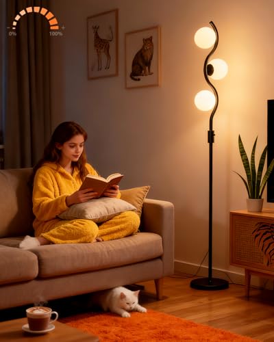 Image of Lightdot 60IN Dimmable Black Floor Lamp Mid Century Standing Lamps with 3Pcs Warm White Bulbs Included Brightness Adjustable Modern Tall Lamp with 5Lbs Heavy Base for Bedroom /Sofa Beside /Corner Decor