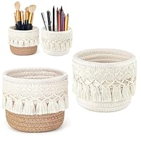 Boho Makramee Stifthalter Set, 2 Stück, Schreibtisch Organizer mit Quasten, 12 cm x 10 cm, Beige und Jute