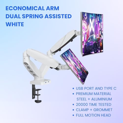 Image of UNIQ MOUNTS Heavy Duty Premium 13''-27'' Dual Monitor Arm, 180 Swivel, 360 Rotation, +90-85 Tilt, VESA 75x75 /100x100, 15kg Weight Capacity Per Arm, 2 USB Port (White)