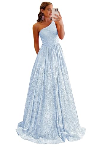 VCCICANY Sequin Prom Dresses for Women Sparkly One Shoulder Long Formal Evening Dresses Ball Gowns with Pockets