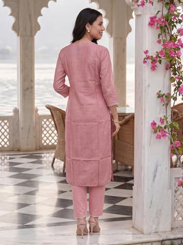 Image of INDO ERA Women's Straight Linen Floral Printed Embroidered Kurta & Pant with Dupatta Set