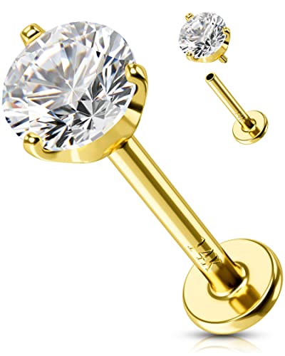 Oufer Lip Rings Stud, 16G 14K Solid Gold Internally Thread Lip Piercing Jewelry, Clear Cz Helix Tragus Conch Lobe Labret Piercing Jewelry #TOP23
