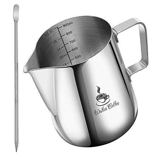 Frothing Pitcher, Walfos 32 Oz / 900 ml Stainless Steel Coffee Milk Frother with Measurement &...
