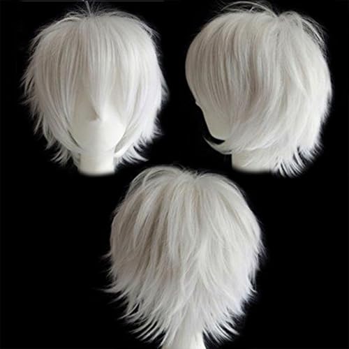 Image of S-noilite Unisex Short White Cosplay Wigs Fluffy Shaggy Wig Short Straight Pixie Wigs for Women Mens for Anime Party Comic Costume Party Heat Resistant Synthetic Hair Wig White